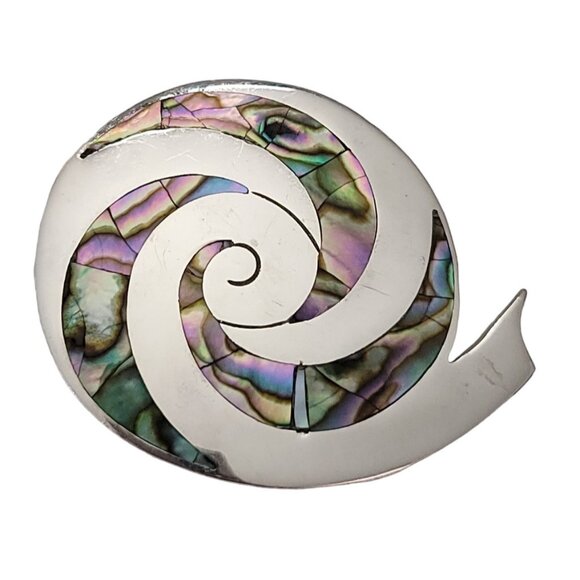 Mexico TH-24 925 Sterling Silver Abalone Inlay Snail Spiral Brooch Pendant L48 - Picture 3 of 9